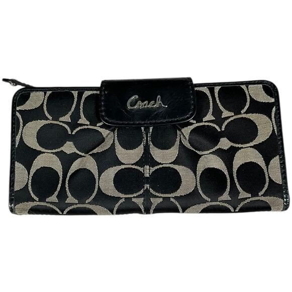 Y2K Coach Signature Accordion Wallet Black Tan Vintage Leather Trim designer - Picture 1 of 12